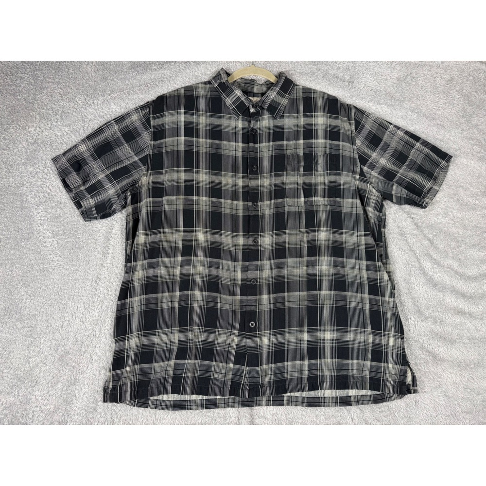 Vintage Silk Button Down Men XXL Black White  Plaid 100% Silk Short Sleeve